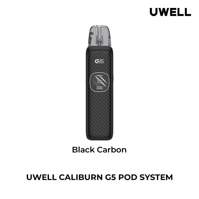 Uwell Caliburn G5 Pro Pod Kit premium design and colors 1600mAh battery, 35W output with Pro-FOCS 4.0 technology, with 1 extra pod inside box.