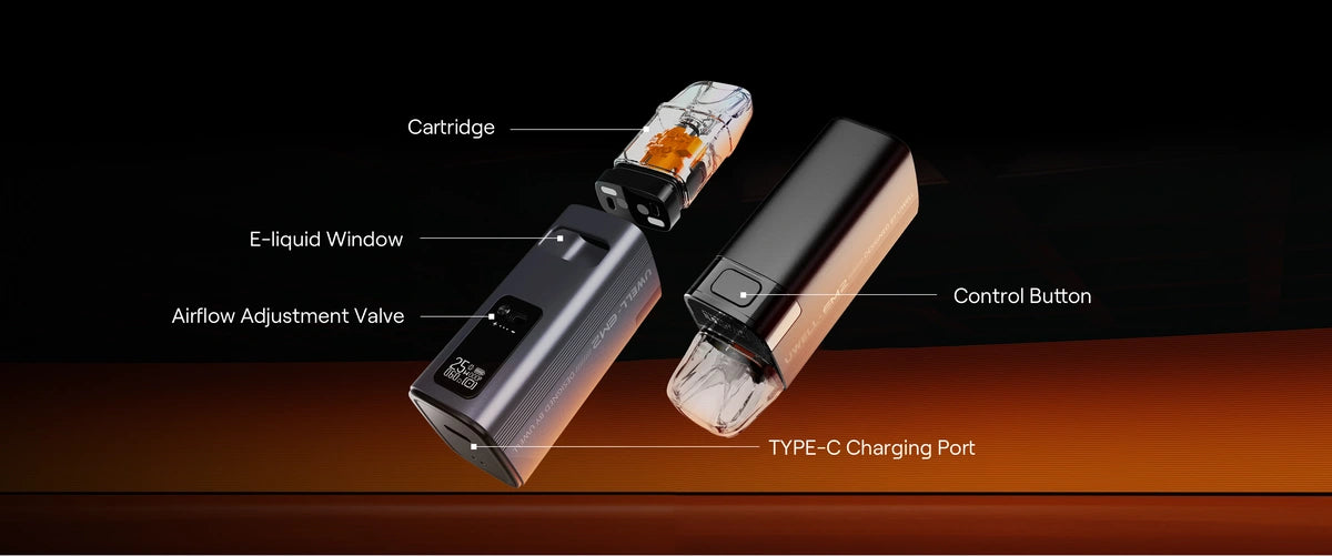 All features of Caliburn Em2 pod vape device, digital screen as well as cartridge, button and airflow