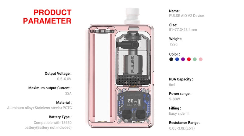 Vandyvape Pulse AIO V2 80w pod mod kit parameters and specs