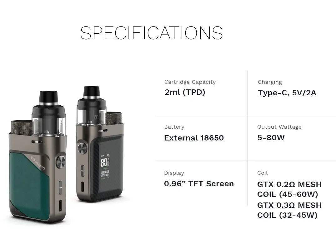 Swag px80 vaporesso specs with external battery and 5-80w with GTX coil compatibility
