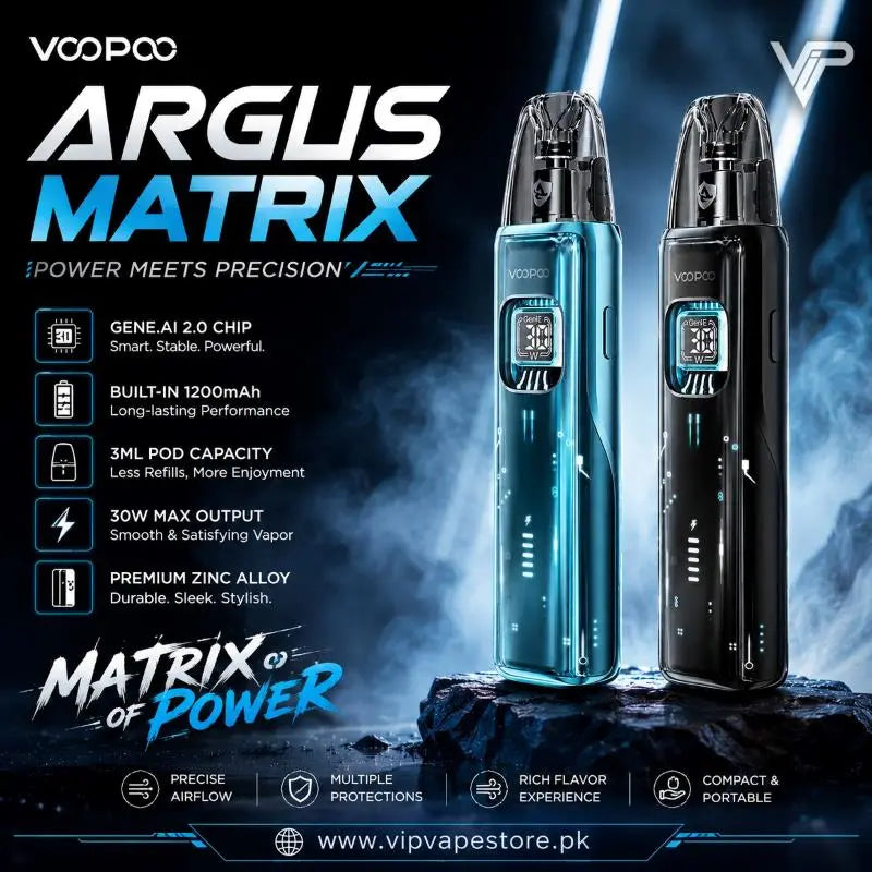 Voopoo Argus Matrix pod kit 30w OLED curve display GENE AI chip, ensures instant ignition, smart watt adjustment, and stable output with every puff.