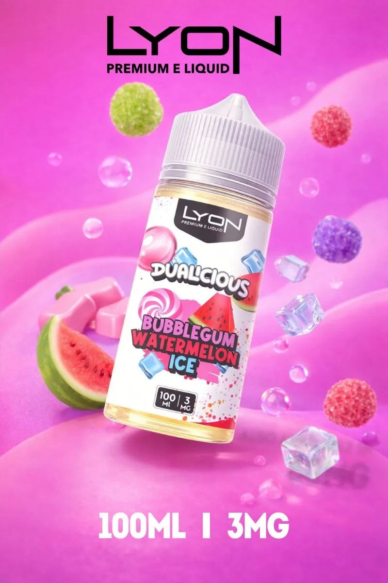 Watermelon Bubblegum Ice Lyon Dualicious 100ml order authentic 3MG vape e-liquid online across Pakistan with fast delivery and affordable price.
