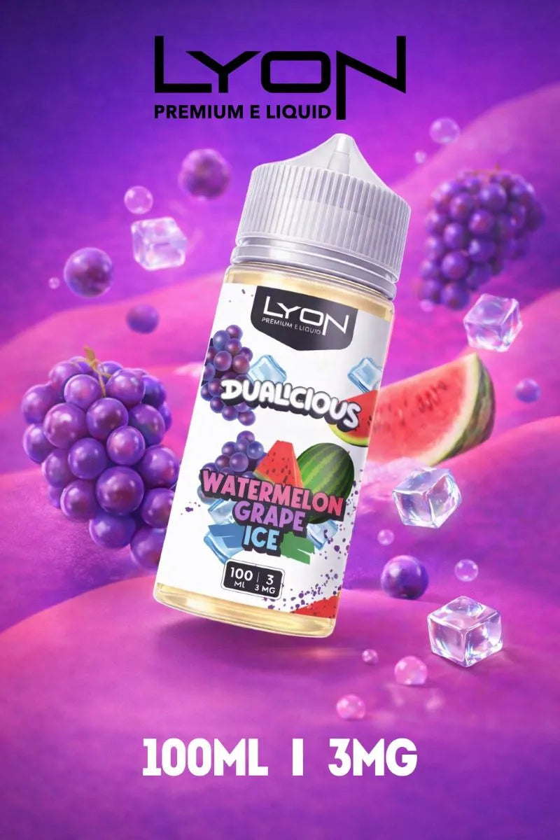 Watermelon Grape Ice Lyon Dualicious 100ml refreshing ice flavor with dense cloud production, smooth throat hit, and premium freebase performance.