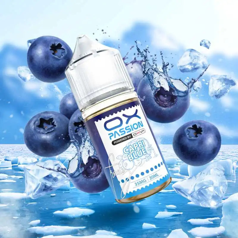 Capri blue freeze Ox Passion 30ml well-executed blue raspberry ice profile, delivers consistent flavor, efficient nicotine performance in Pakistan.