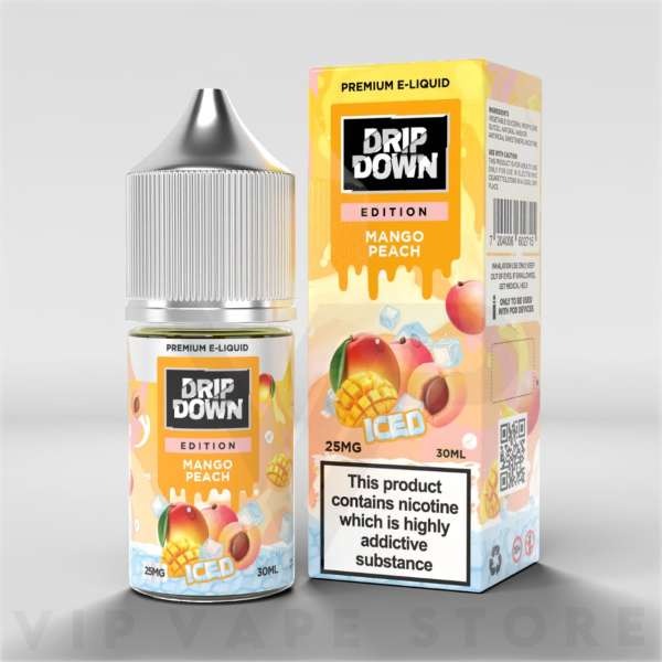 Drip Down Mango Peach 30ml: Nicotine Salt E-liquid with Juicy Mango & Peach Flavor, High iced flavors. Shop now the best price in Pakistan