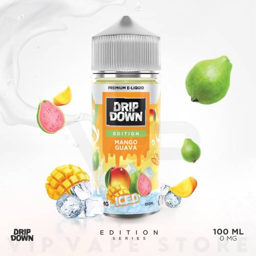 Embrace a taste of the tropics with&nbsp;Drip Down Mango Guava Ice 100ml.&nbsp;A flavor fiesta that blends the juicy sweetness of sun-ripened mangoes with the exotic tang of tropical guavas. Each inhale delivers a burst of delicious fruitiness, perfectly balanced and bursting with summer vibes. A wave of icy menthol finishes the exhale,