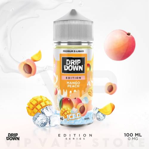 Taste of summer with&nbsp;Drip Down Mango Peach Ice 100ml. This delectable e-liquid is a tropical fusion that tantalizes taste buds with every puff. Sweet and juicy mangoes take center stage, their flavor perfectly complemented by the refreshing notes of ripe peaches. A burst of icy menthol finishes the exhale, leave with a cool and invigorating sensation. Drip Down Mango Peach Ice is a perfect choice for vapers seeking a delicious and refreshing fruity smoke with a touch of icy coolness.