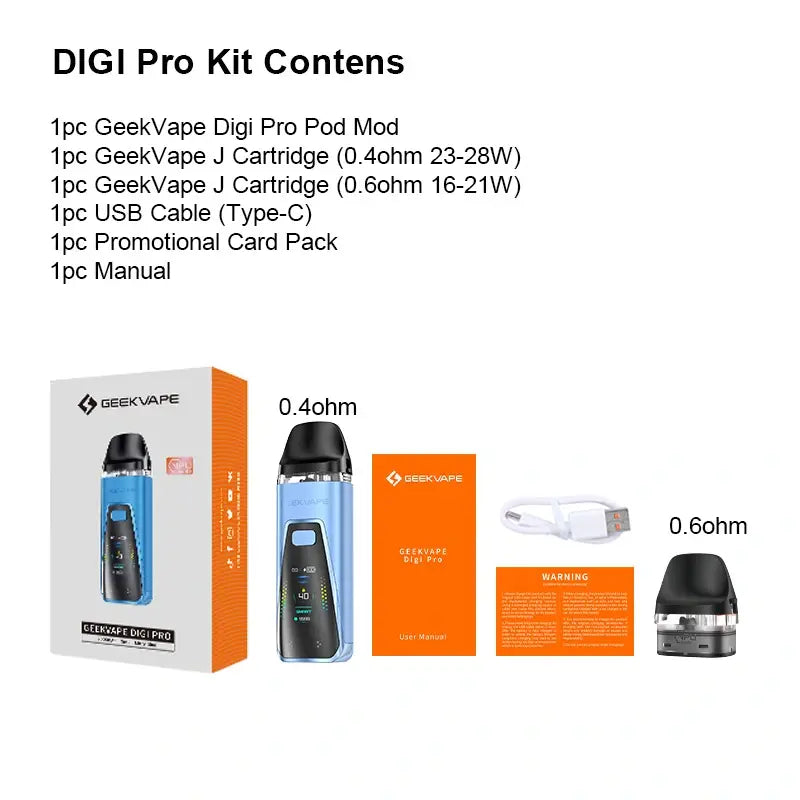 Package list of box contents Geekvape Digi pro pod kit 40w