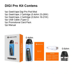 Package list of box contents Geekvape Digi pro pod kit 40w