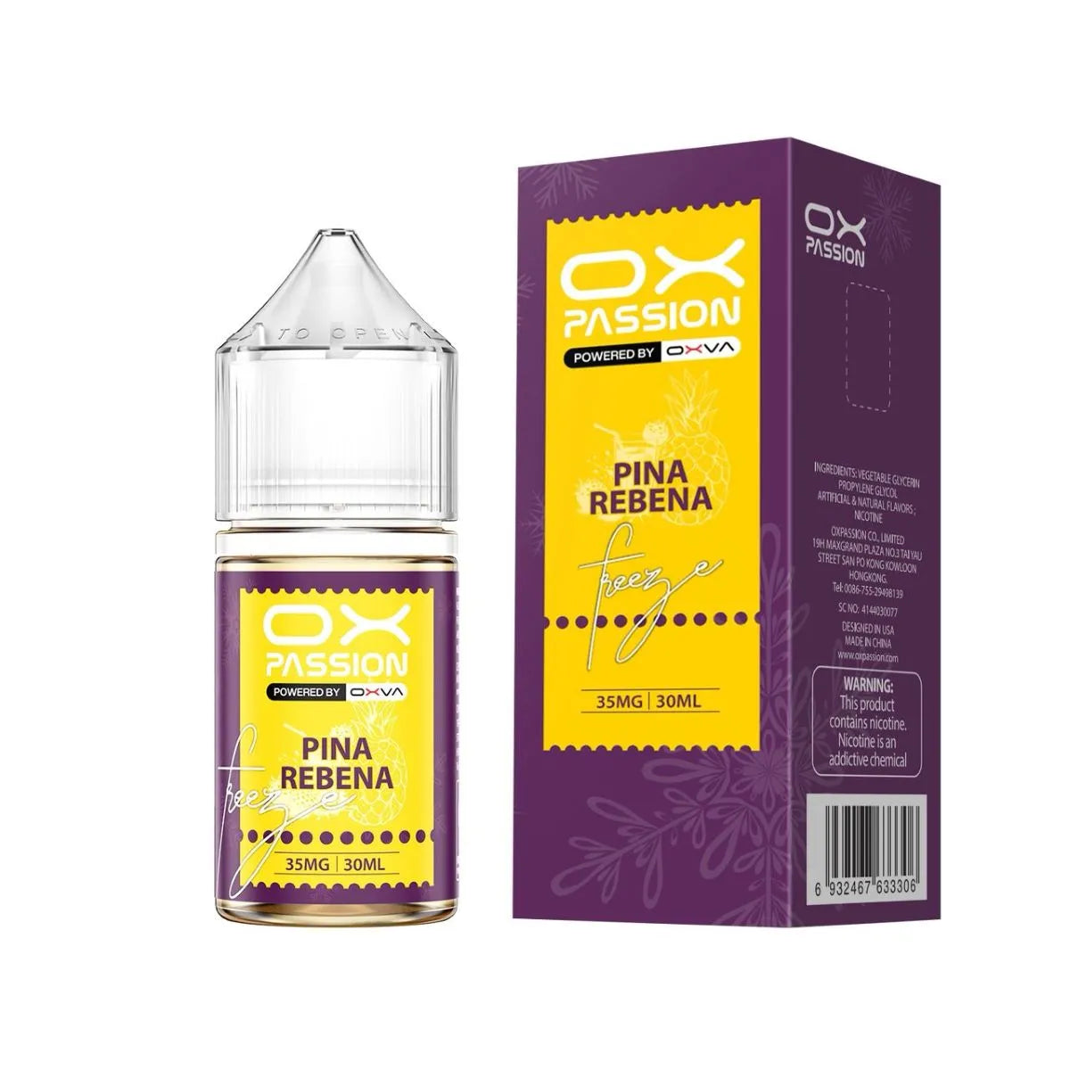 Pina rebena freeze Ox Passion 30ml bold pineapple and blackcurrant Smooth nicotine salt rich flavor at the best price from trusted vape store.