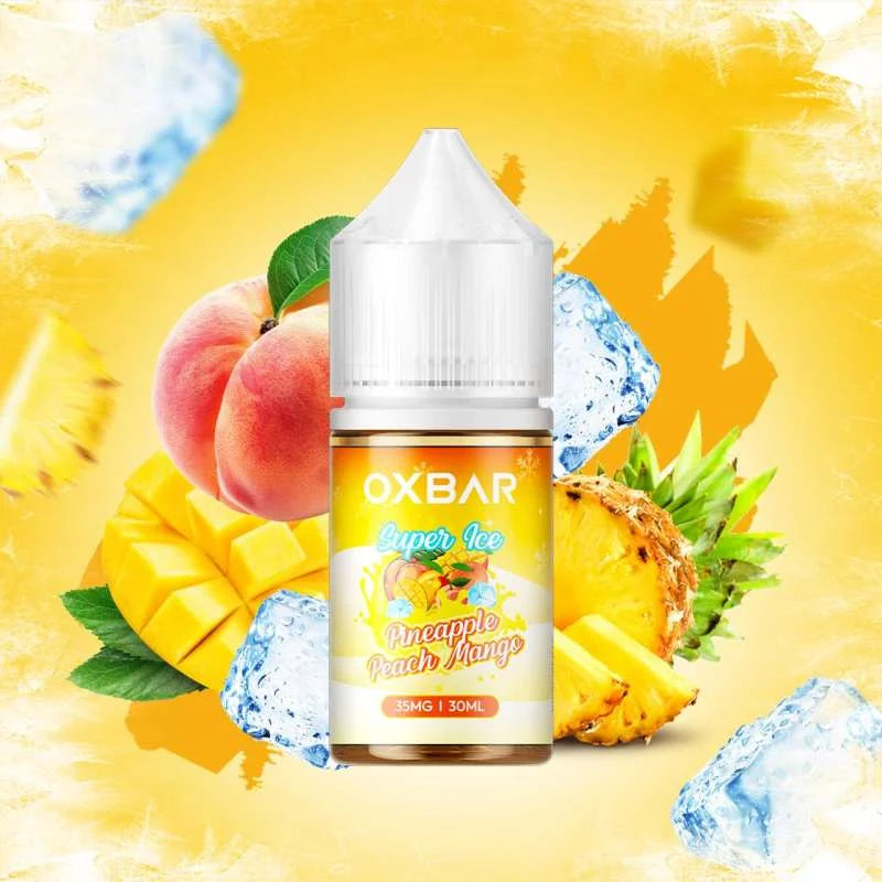 Experience the bold tropical sweetness of Ice Oxbar peach &amp; mango with Pineapple 30ml Nicotine Salt, a premium fruit flavour e-juice. 