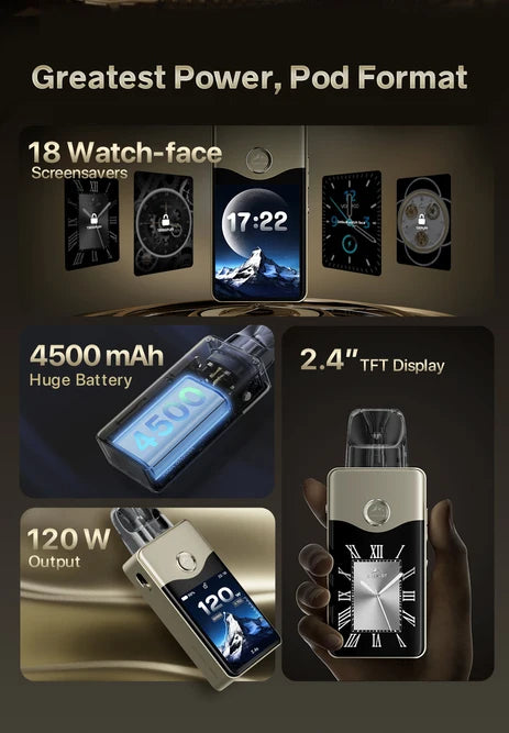 Voopoo Vinci E120 pod mod specifications, battery power, watts and themes screen savers