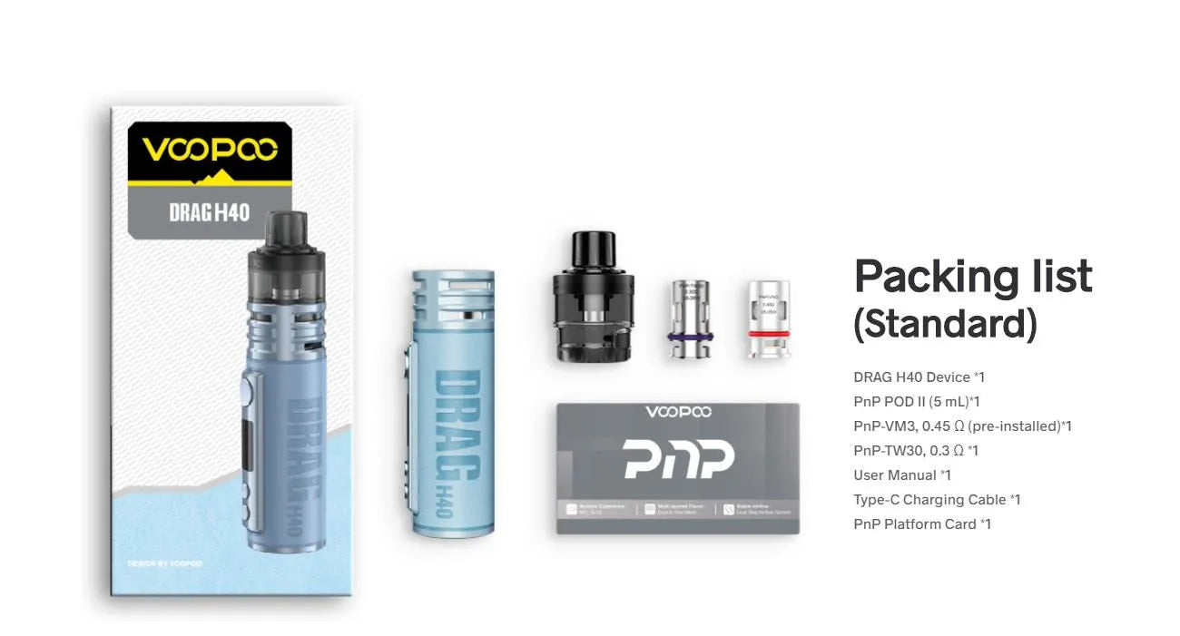 Box contents of Voopoo Drag H40 Pod Mod Kit 40W includes pnp pod 2, 2 x coils of PNP, and pod mod vape